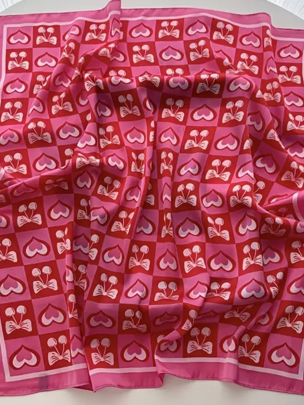 Silky- Feel Pink and Red Heart & Bow Pattern HeadScarf , Neckscarf 27.56x27.56in